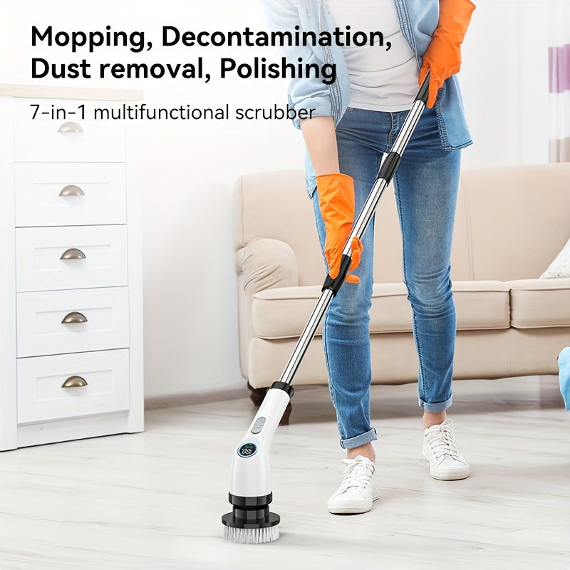 The FONSI 7-in-1 Electric Spin Scrubber features a long handle and LCD display for easy use. It includes reusable soft bristle brush heads in 7 different varieties, with 3-speed settings and USB power. Ideal for cleaning the bedroom, bathroom, toilet