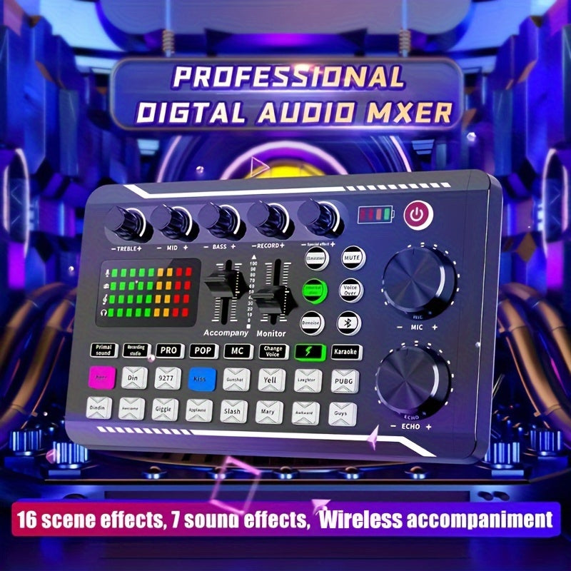 USB-powered live sound card with audio interface, DJ mixer effects, voice changer, rechargeable 1200mAh lithium battery, for streaming, podcasting, gaming - studio equipment.