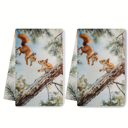 Set of 2 Ultra Soft Kitchen Towels featuring Playful Squirrels in Treetops Design. These towels are Highly Absorbent and Machine Washable, perfect for drying dishes. The Contemporary Coastal Style adds a touch of charm to your kitchen decor. Each towel