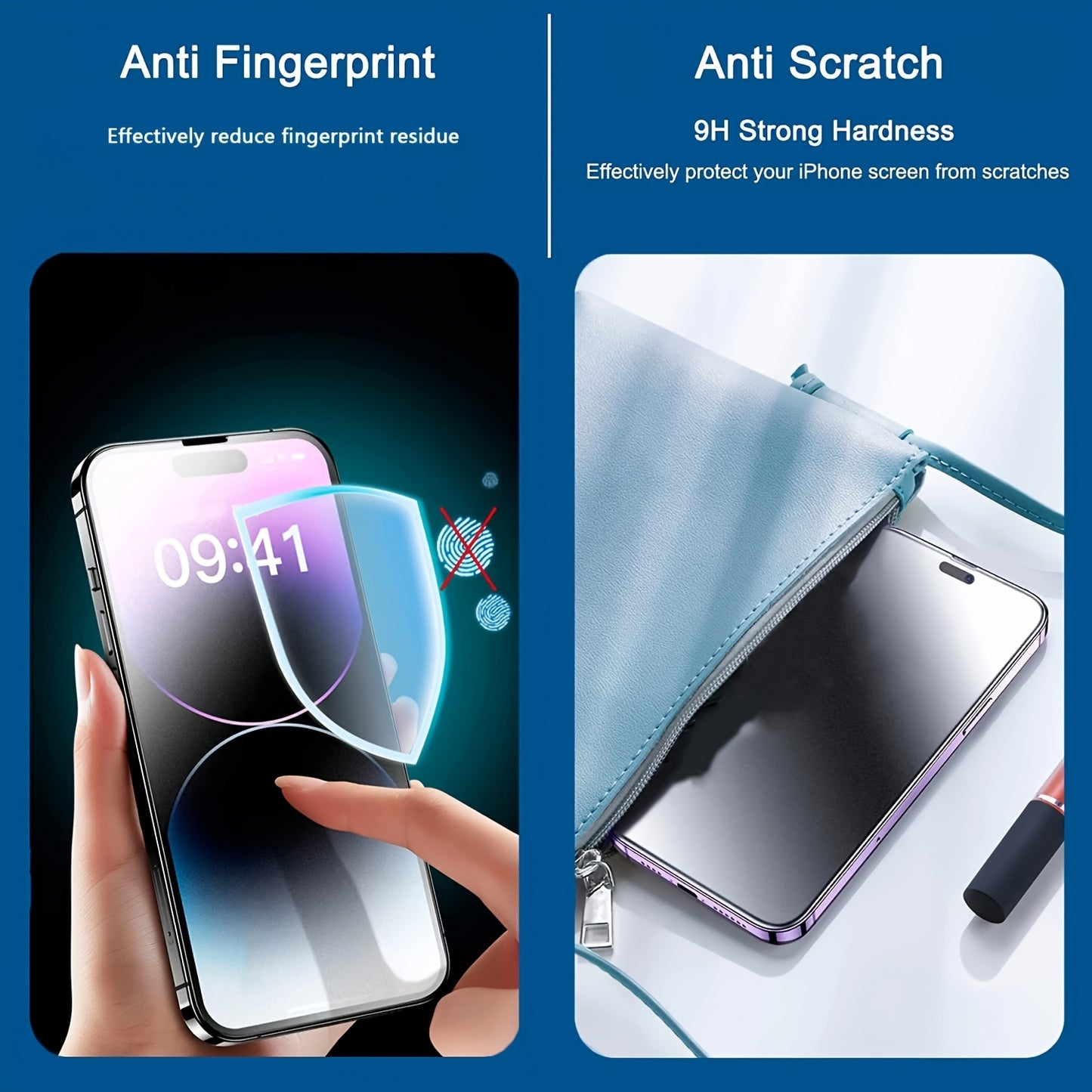 Two-pack of privacy tempered glass screen protectors for various iPhone models, featuring anti-scratch, glossy surface, and anti-peep technology.