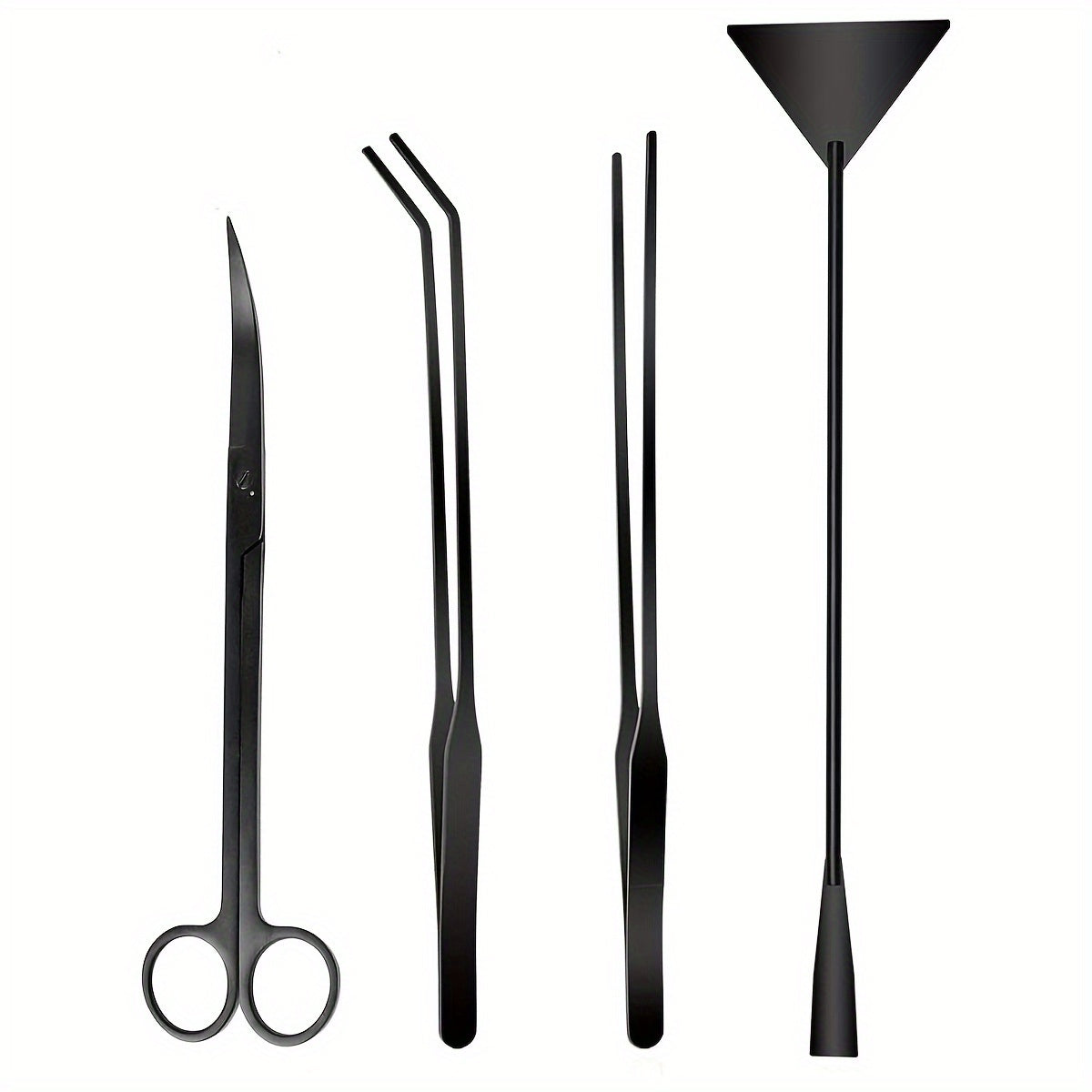 A set of 4 aquarium landscaping tools including long tweezers, scissors, spatula, and a four-in-one stainless steel aquatic plant set, suitable for fish starter kits, aquarium tanks, and