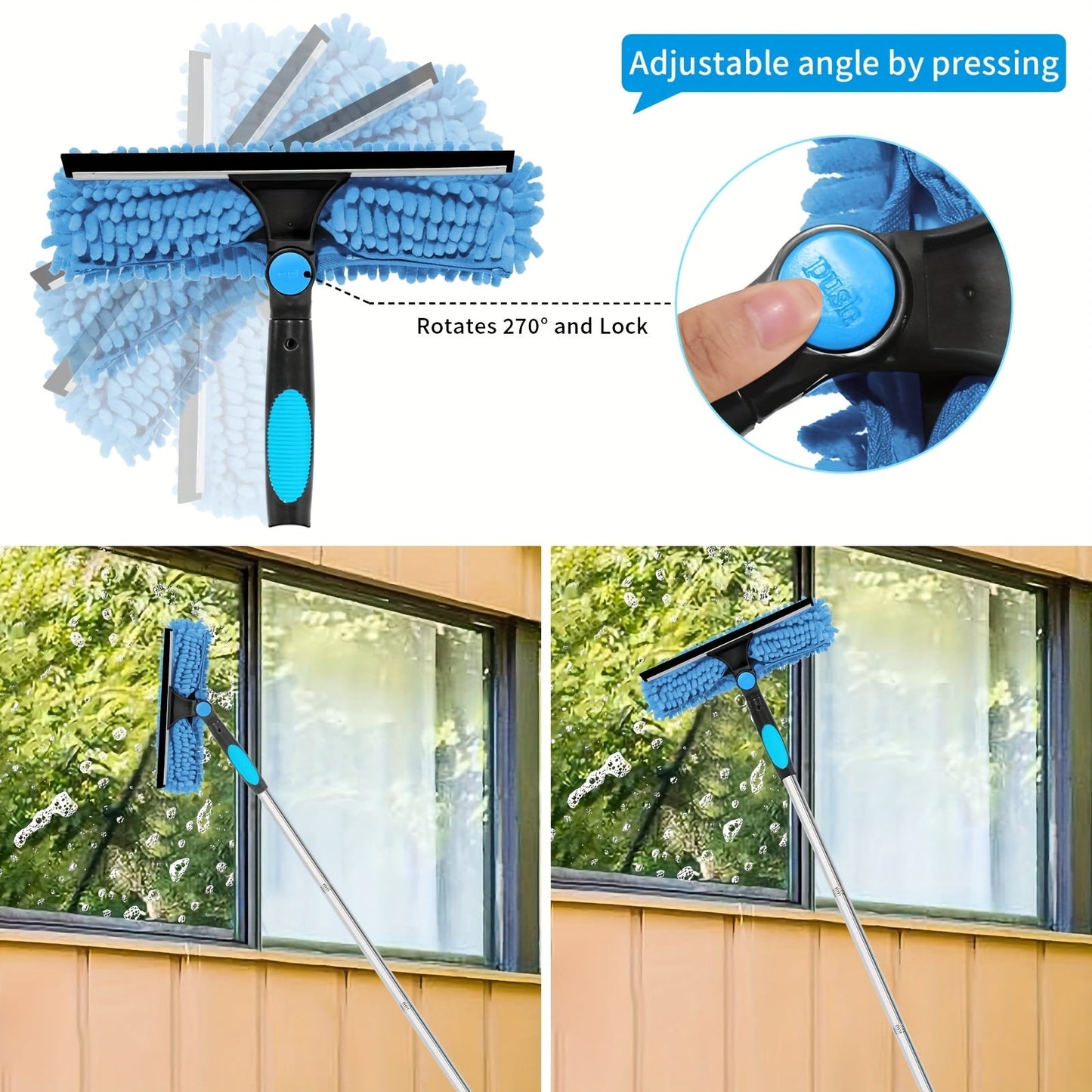 1 Retractable Window Cleaning Brush Kit with Telescopic Rod, Stainless Steel Handle, and Reusable Microfiber Pad - Includes High Reach Outdoor and Glass Cleaning Tool, Machine Washable, No Power Needed, 1 Rotatable Head, 2 Interchangeable Brushes Blue