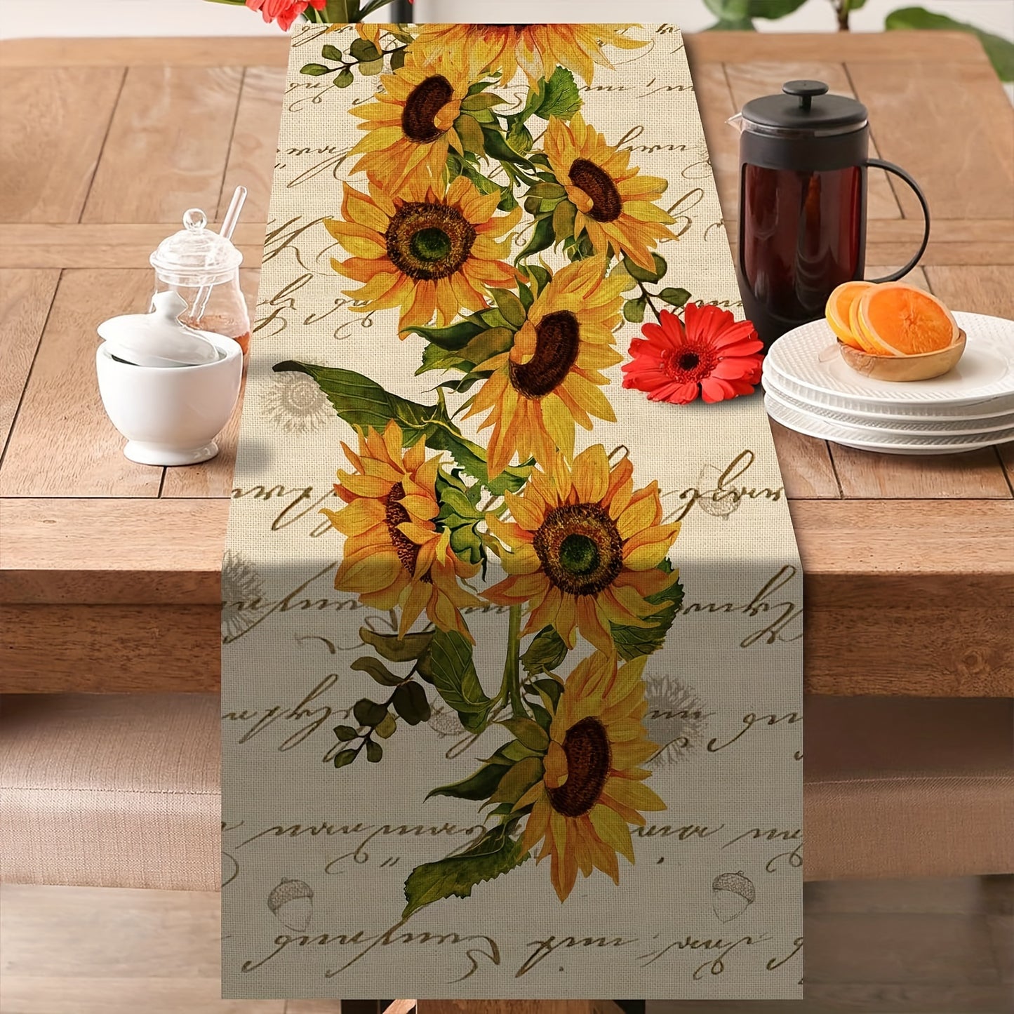 1pc Fall Sunflower Table Runner, Oil and Stain Resistant. Perfect for Home and Restaurant Use. Ideal for Seasonal Floral Decor in Kitchen or Dining Room.