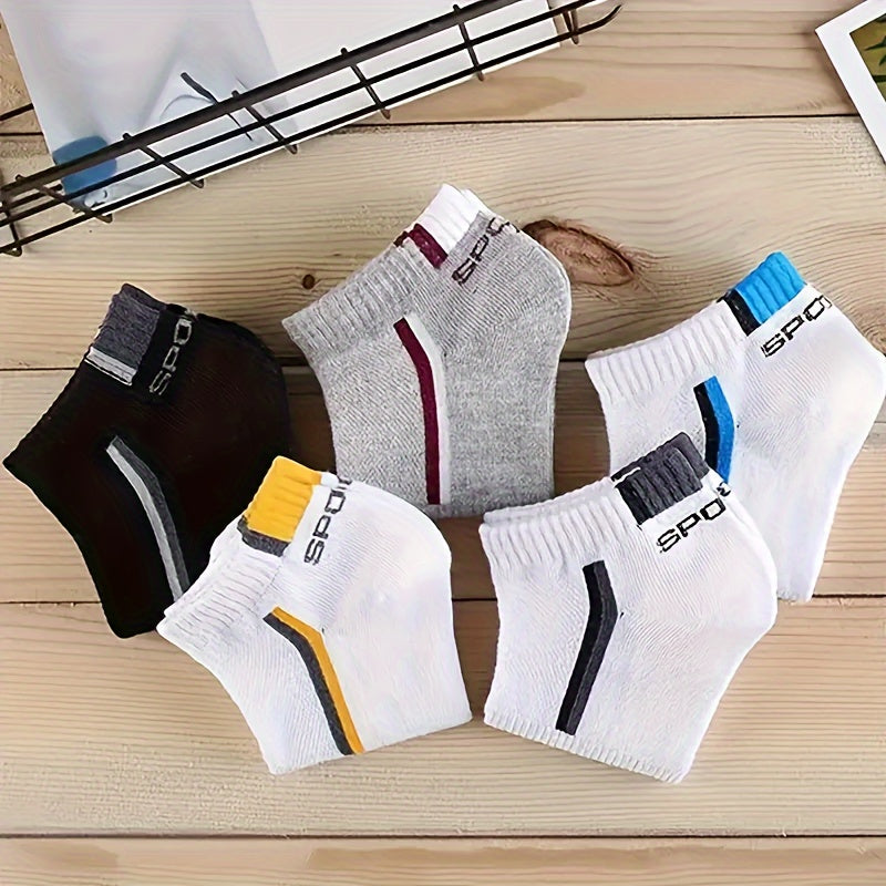 5pc Athletic Ankle Socks - Breathable polyester with sporty letter pattern, ideal for men and women. Hand wash only.