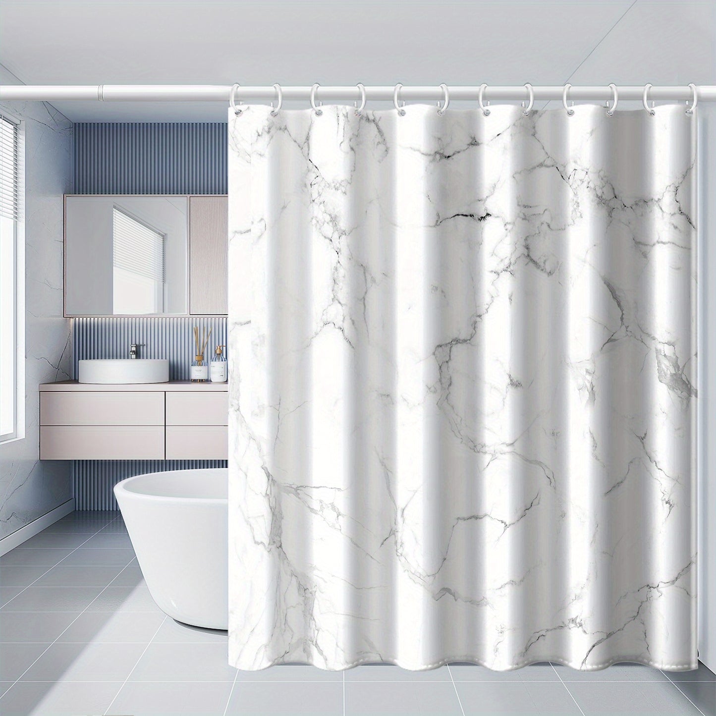 1pc Marble Pattern Shower Curtain in Light Grey Striped White, Waterproof with Plastic Hooks. Machine washable, suitable for home and hotel bathrooms.