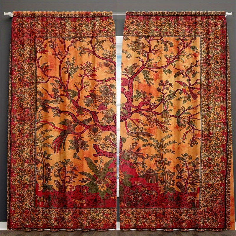 Set of 2 Boho Hippie Window Curtains featuring Life Tree Design - Perfect Room Decor for Bedroom, Living Room, or Dorm Room - Cozy and Trendy Home Décor