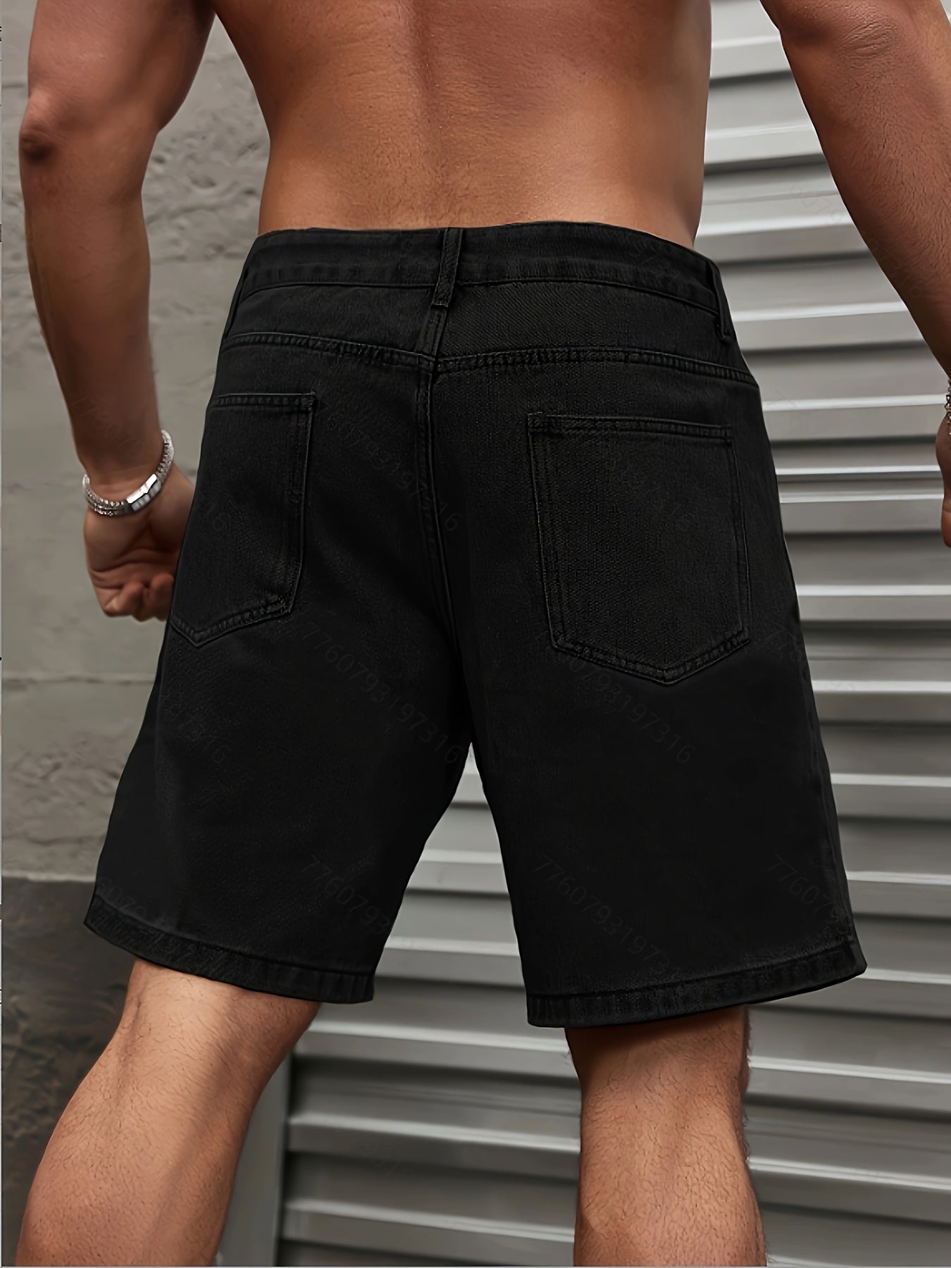 Men's plus size black denim shorts with regular fit and solid color, made of non-stretch cotton blend fabric.