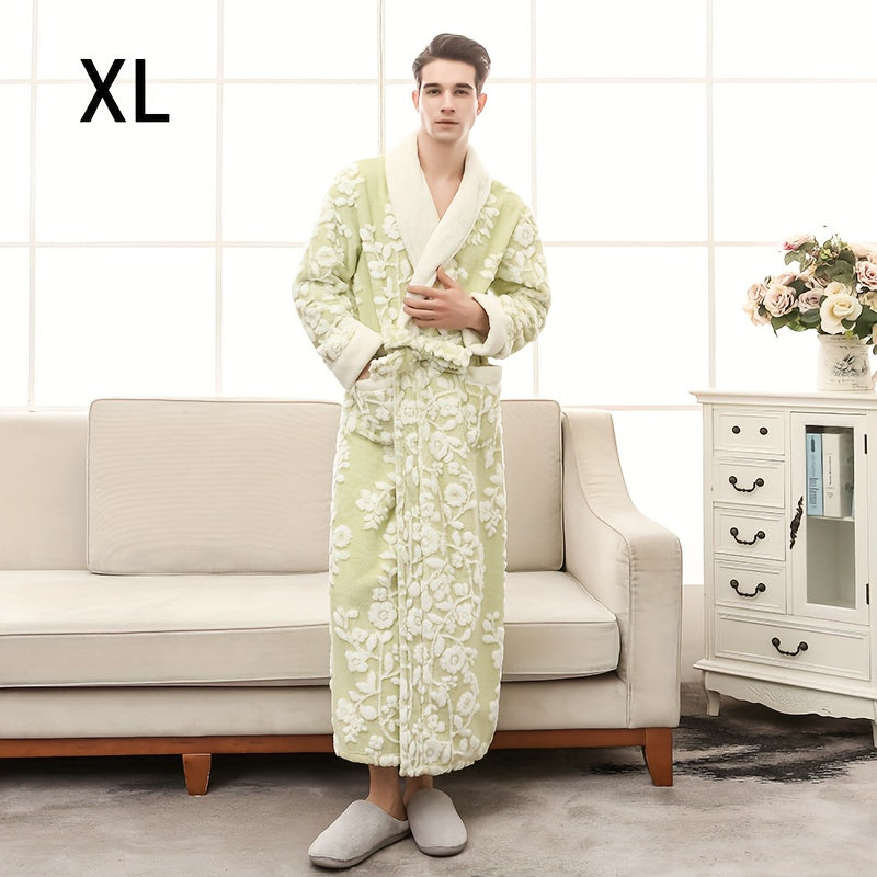 1pc Unisex Thickened Long Bathrobe with Flower Pattern, Ideal for Couples. Ideal for Home and Bathroom use.