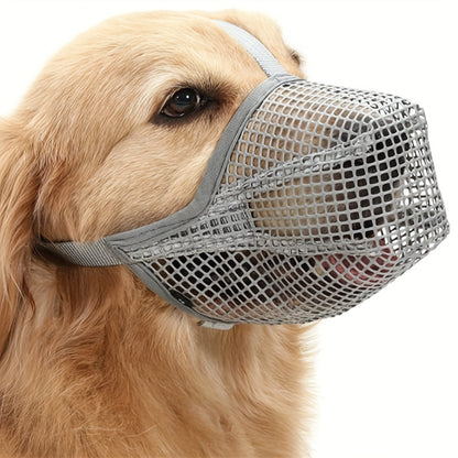 Breathable and adjustable black mesh dog muzzle for small to large breeds. XS-XL sizes prevent biting and chewing.