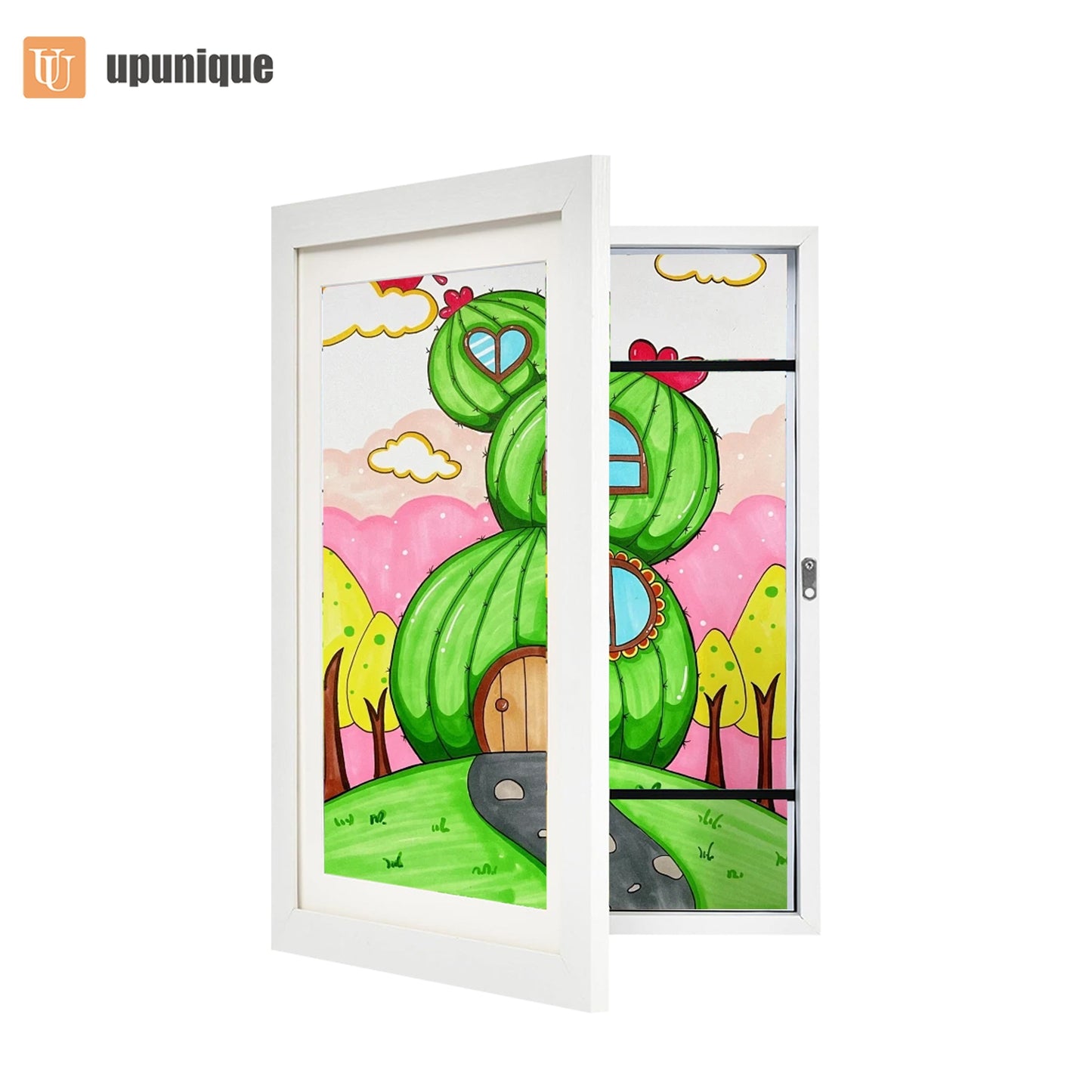 Kid's magnetic wooden picture frame for drawings and schoolwork with a lightweight design and vertical orientation, perfect for ages 3-12. Great for gifting at school or graduation.