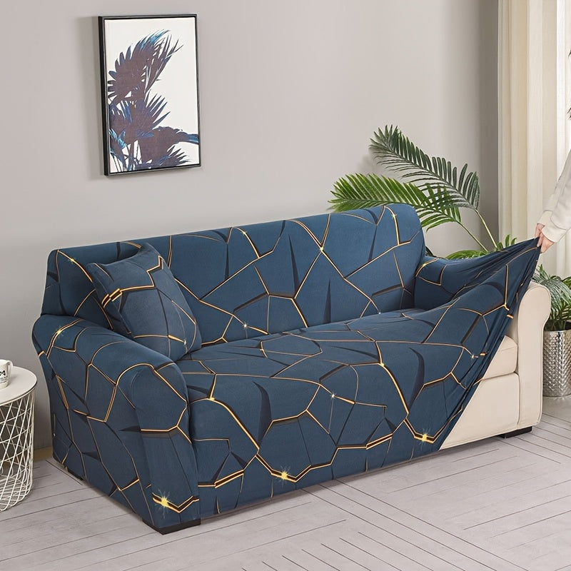 Modern geometric print sofa cover with golden accents, made of anti-dirty spandex blend. Fits 1/2/3/4-seater, L-shaped, and chaise lounges. Machine washable and perfect for living room decor.