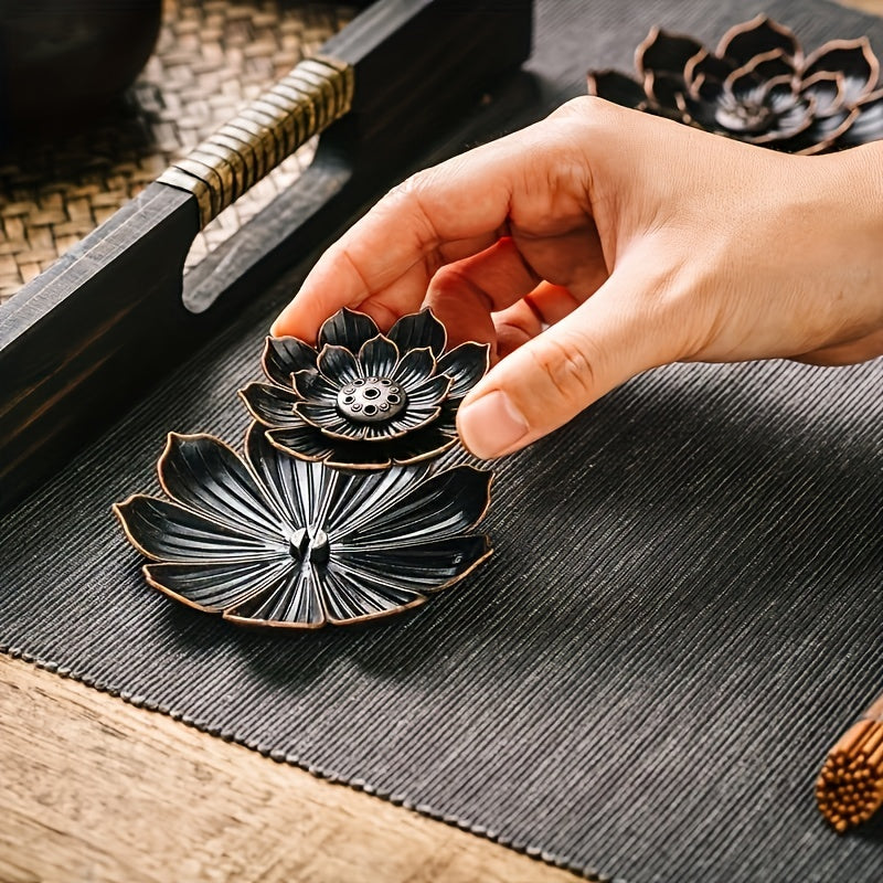 Brass lotus incense burner with ashtray, incense stick holder for European classic romance themed room decor.