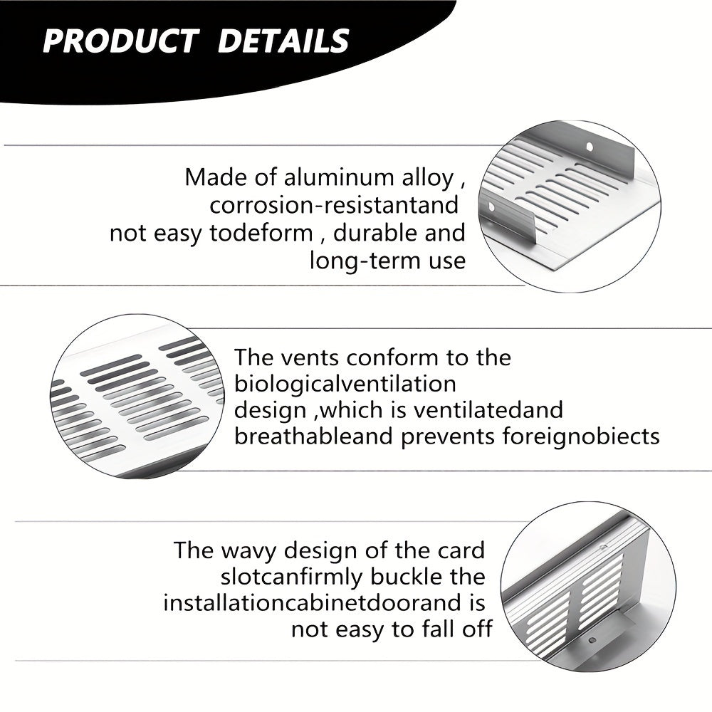 Two pieces of metal kitchen base ventilation grills made from aluminum alloy for cabinets and wardrobes. Each grill measures 300 x 80mm and comes with screws for easy installation on cooking appliances.