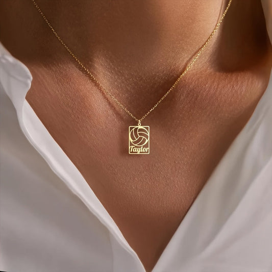 Customized volleyball pendant necklace for ladies, made from stainless steel with a rectangular tag. Elegant and stylish design plated in 18K gold, perfect for everyday wear and sports occasions. Features English text only, great as a Christmas gift.