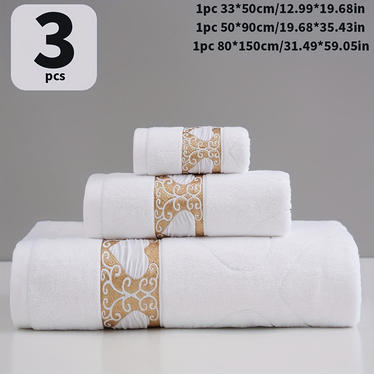 3-piece 100% Cotton Jacquard Towel Set, includes washcloth, hand towel, and bath towel. Absorbent, Quick-drying, Super Soft, and Skin-friendly. Ideal for home bathroom.