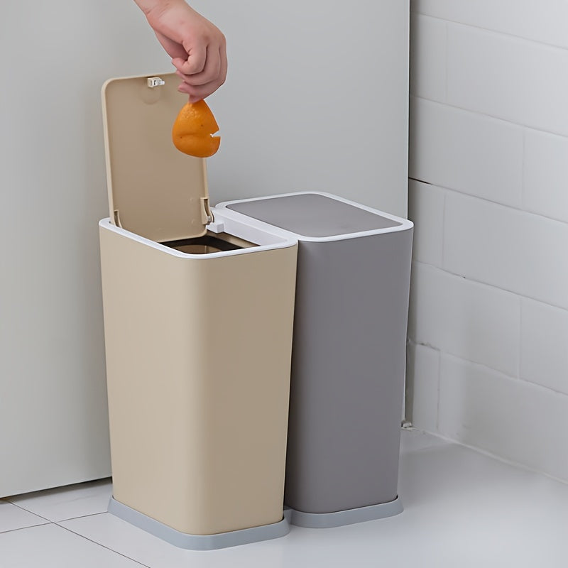 Set of two slim press-top trash cans, with one specifically designed for recycling and storage. Made of durable plastic that does not require electricity, ideal for use in bathrooms and living rooms.