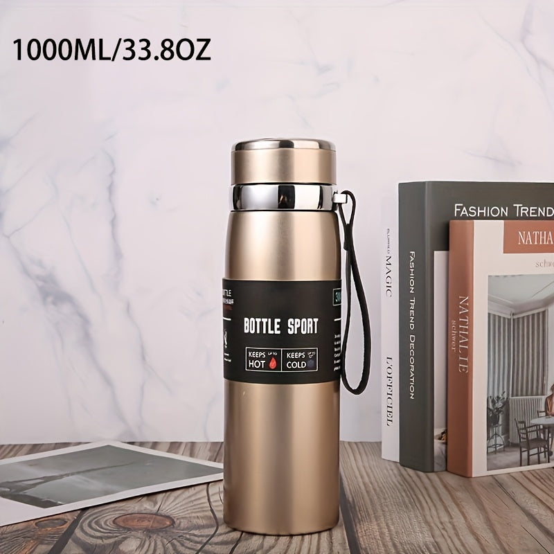 Stainless steel 1000ml vacuum insulated water bottle with portable strap, BPA-free, keeps hot/cold for sports and outdoor activities, hand wash only.