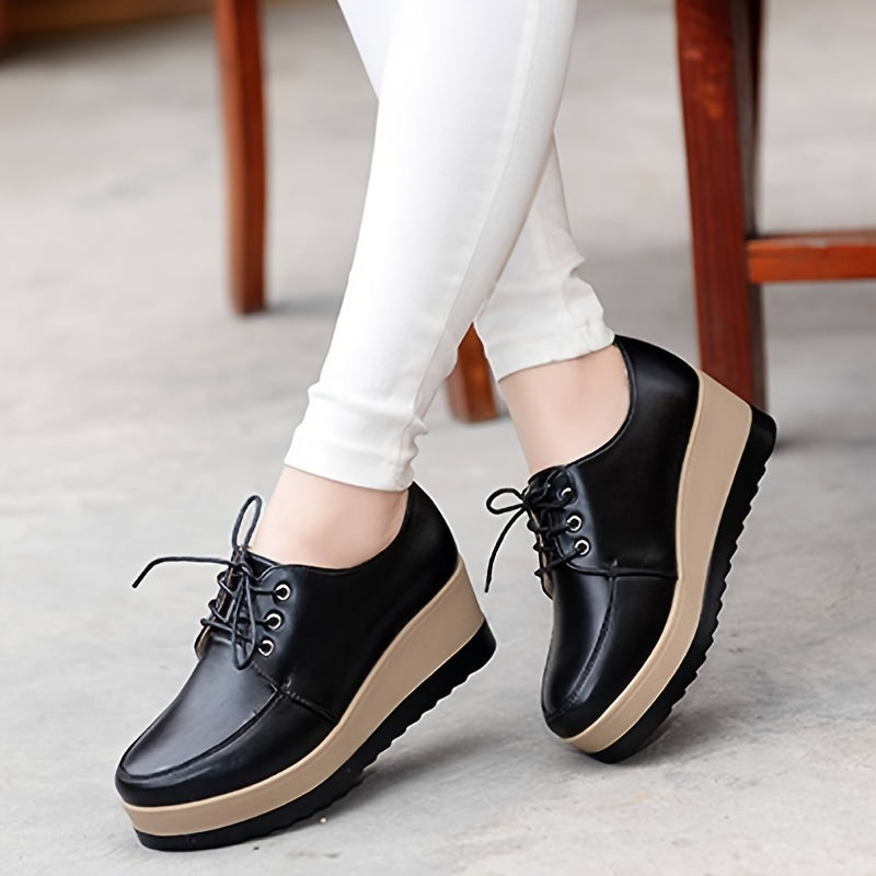 Women's lace-up low top shoes with solid color, comfortable all-season design, featuring a plain toe and PU sole. Made with man-made materials.