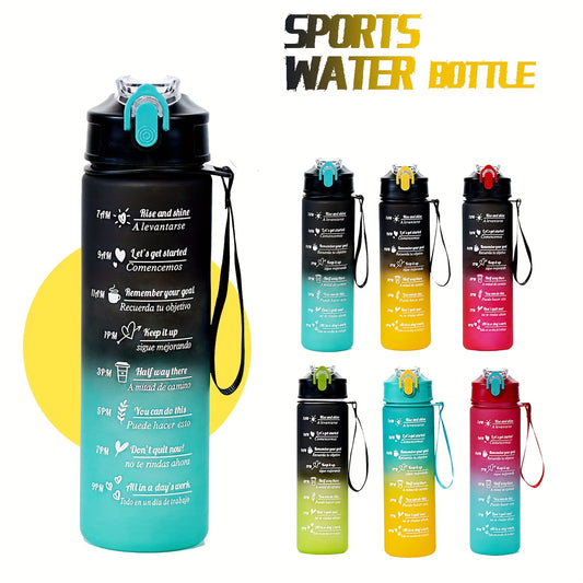 Leak-proof, rectangular sports water bottle in 28oz and 10.5oz sizes with time marker. Made of BPA & PVC-free PC for outdoor use.