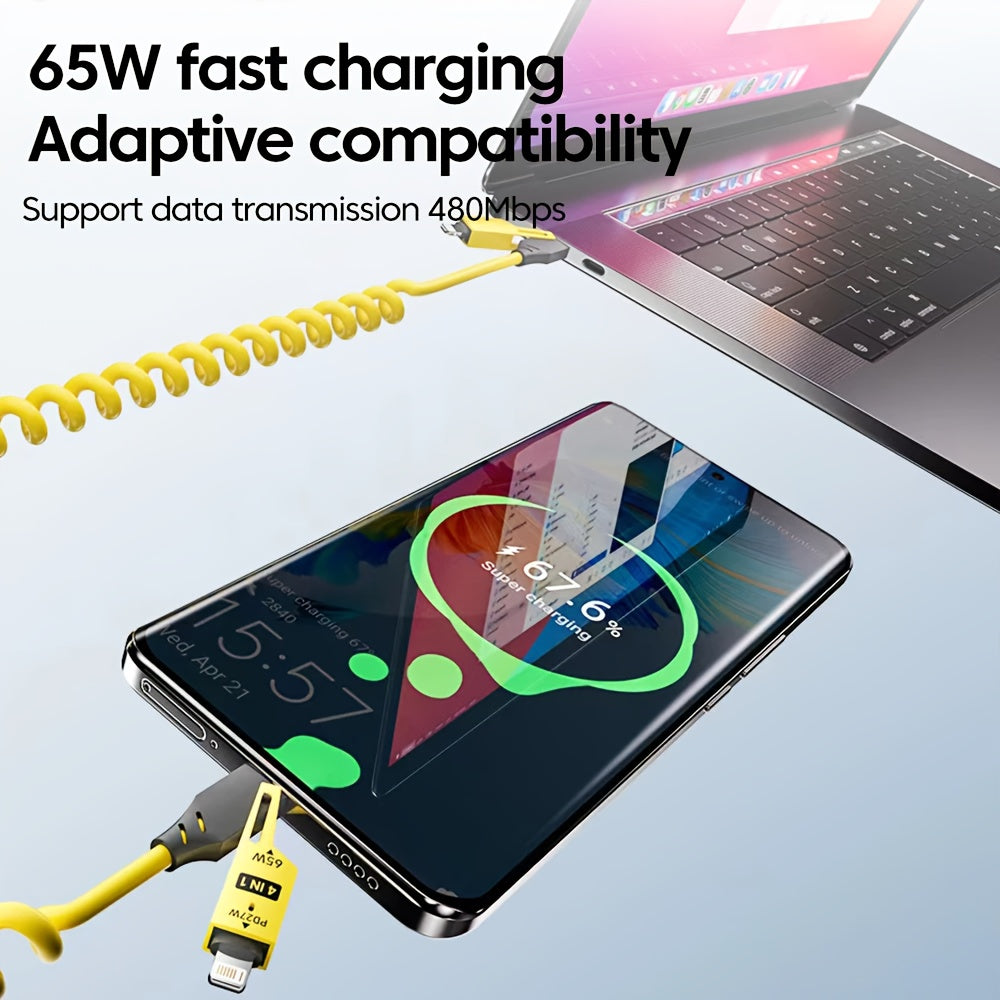 65W USB-C выдвижной кабель для быстрой зарядки и синхронизации данных, многопортовый с индикатором. Совместим с несколькими брендами телефонов.