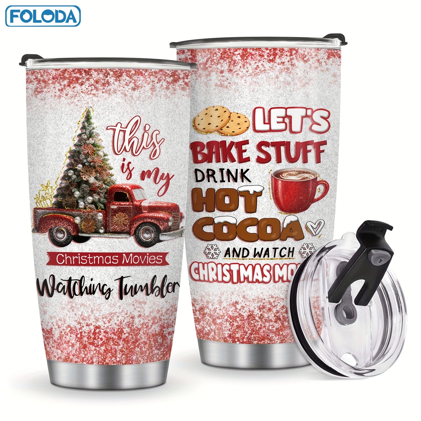 FOLODA 20oz insulated stainless steel tumbler with lid is ideal for running and sports. Features a Christmas Red Truck design, perfect for holiday gifts.