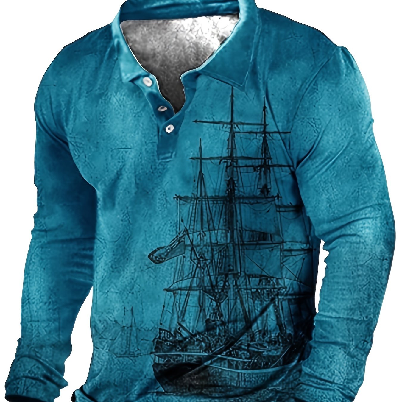 Oversized men's sailboat print shirt for spring/autumn, long sleeve golf shirt, plus size men's clothing