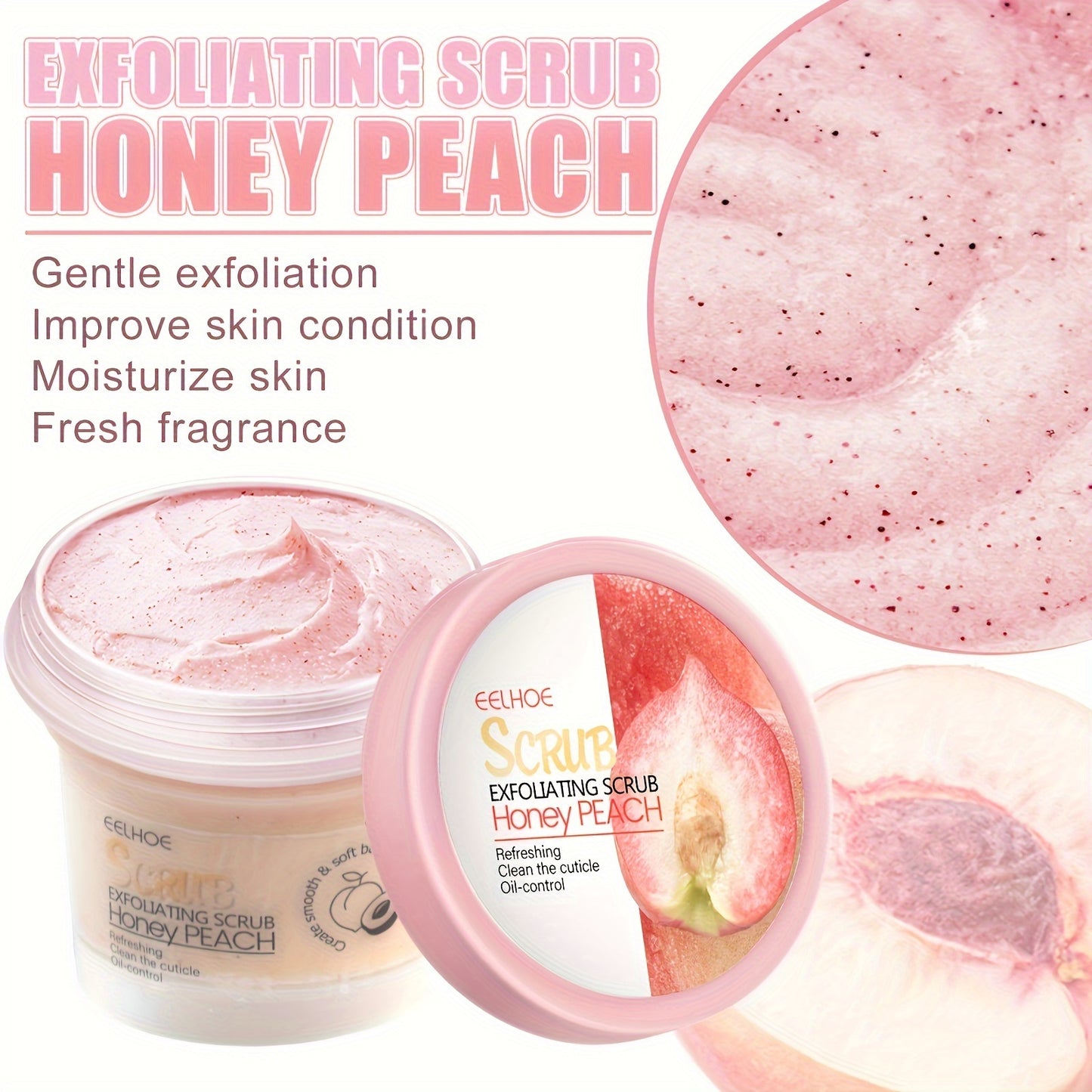 EEHOE Honey Peach Body Scrub Cream (3.53oz) - Deeply cleanses and exfoliates for soft skin. Suitable for all skin types. Contains glycerin.