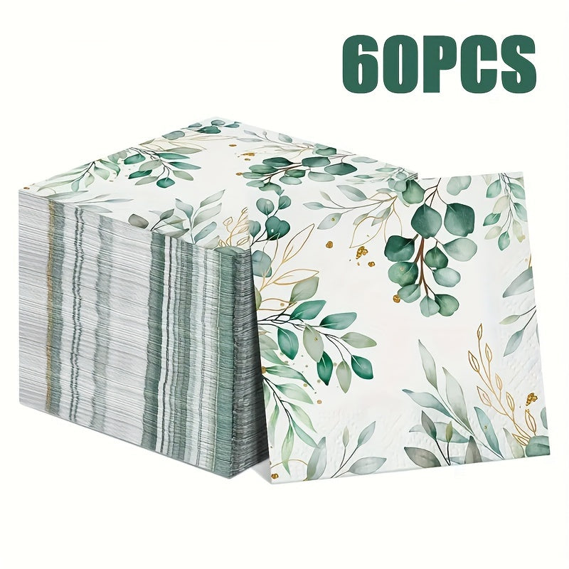 60 Elegant Eucalyptus & Golden Leaf Disposable Napkins - Soft and Absorbent 2-Ply Paper Guest Towels for Parties, Weddings, Birthdays, Baby Showers - Stylish Green & Gold Design, Durable and Tear-Resistant, 33.02x33.02 cm