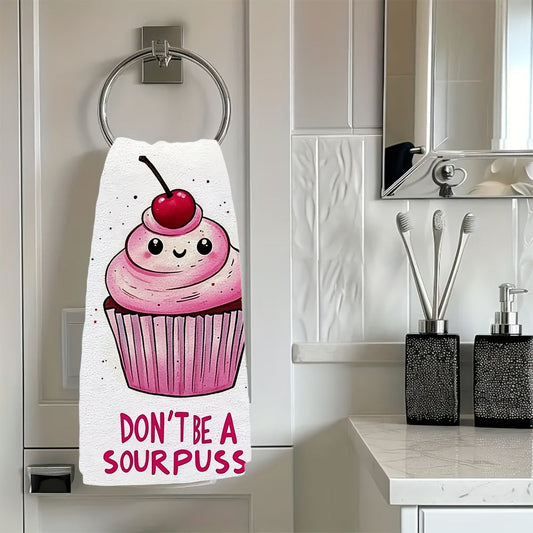 2 pieces of ultra soft kitchen towels featuring a "Don't Be A Sourpuss" cupcake design. These highly absorbent and machine washable dish hand towels have a contemporary style with pink and white stripes. Measuring 40.64x60.96 cm, they are perfect for