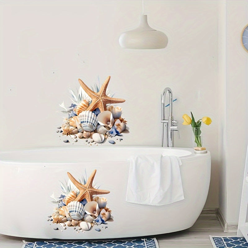 Ocean-themed bathroom decal set with starfish and shells, glossy finish PVC decals for ceramic surfaces, perfect for home decor or holiday decorations.