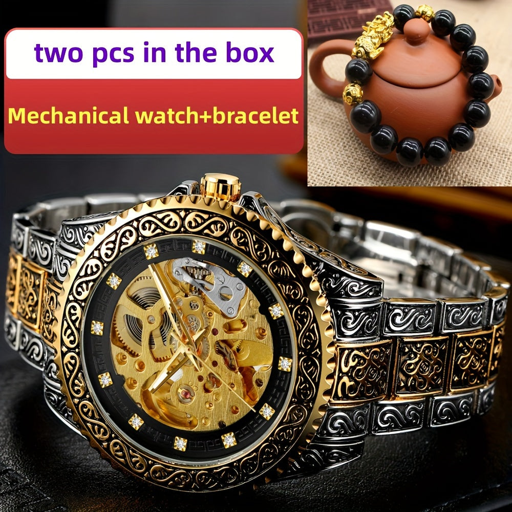 Premium Retro Men's Gold Mechanical Wristwatch Brand Featuring Butterfly Clasp and Hollowed-Out Design