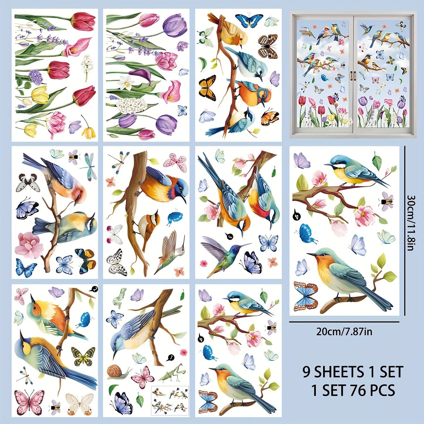 Spring Window Clings Decorations - Double-Sided Bird Gel Stickers - 9 Sheets - Ideal for Glass Windows in Home, Office, School, Shop, or Party - Perfect Spring and Summer Decor Supplies