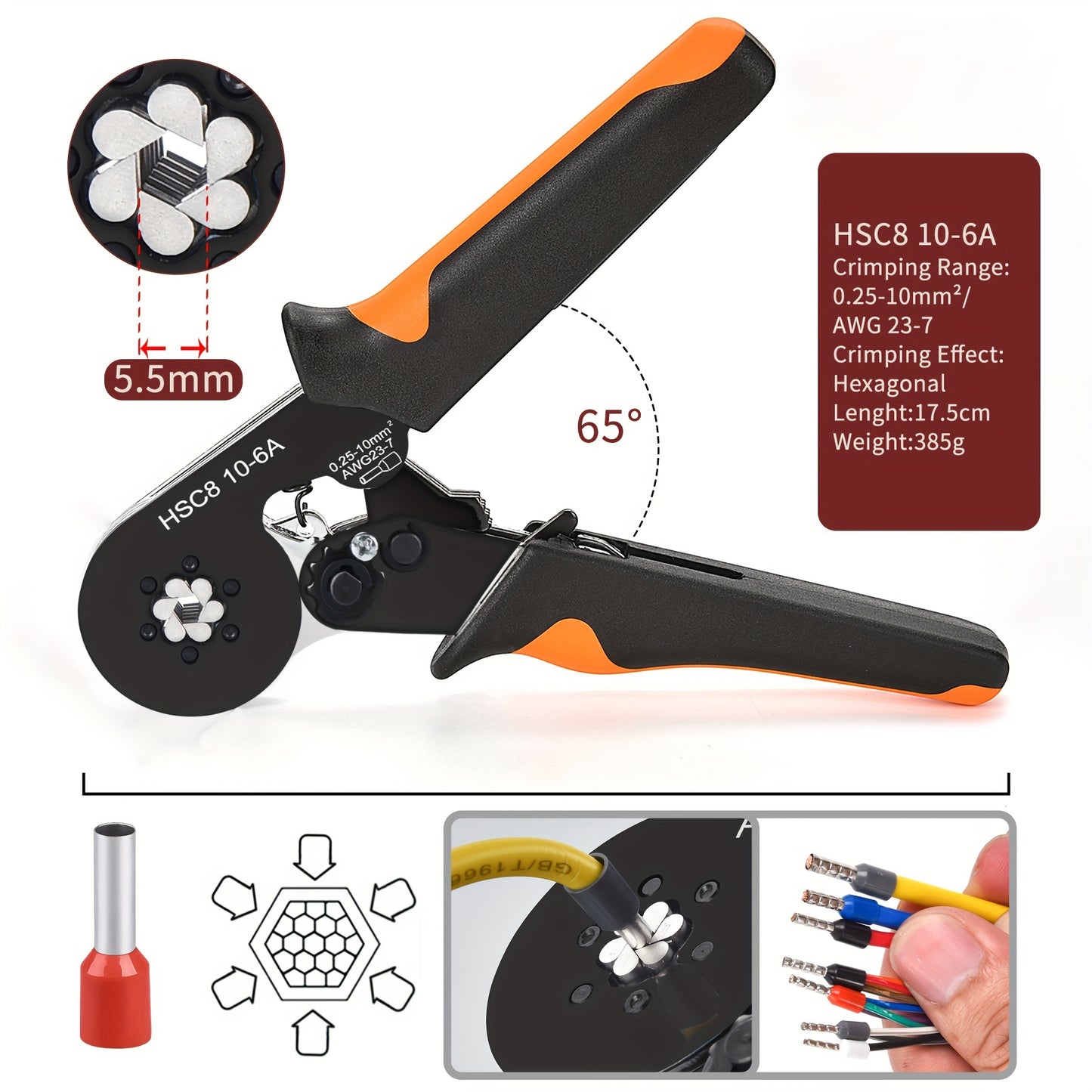 SANJIANG Hexagonal Crimping Tool HSC8 10-6: Adjustable strength, rust-resistant, comfortable metal handle.