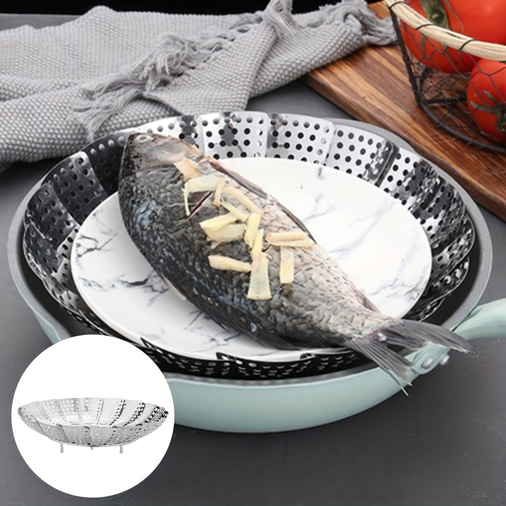 One piece Telescopic Stainless Steel Steamer Basket - Collapsible Steaming Rack for Nutritious and Tasty Dishes