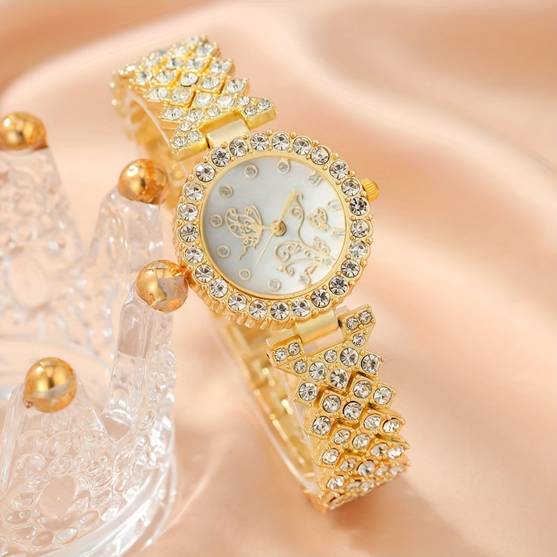 6-piece women's golden-toned quartz watch & jewelry set with rhinestone detailing, includes wristwatch, necklace, bracelet, ring, and earrings, ideal gift set with vintage style.