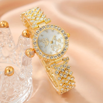 6-piece women's golden-toned quartz watch & jewelry set with rhinestone detailing, includes wristwatch, necklace, bracelet, ring, and earrings, ideal gift set with vintage style.