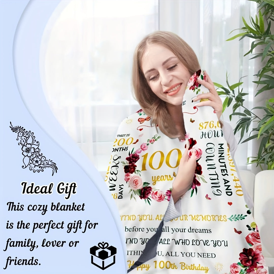 A beautiful Floral Centenarian Celebration Blanket - the perfect 100th Birthday present for beloved elderly women, mothers, and grandmothers. This all-season comfort blanket is machine washable and versatile, serving as a cozy fleece throw with a lovely