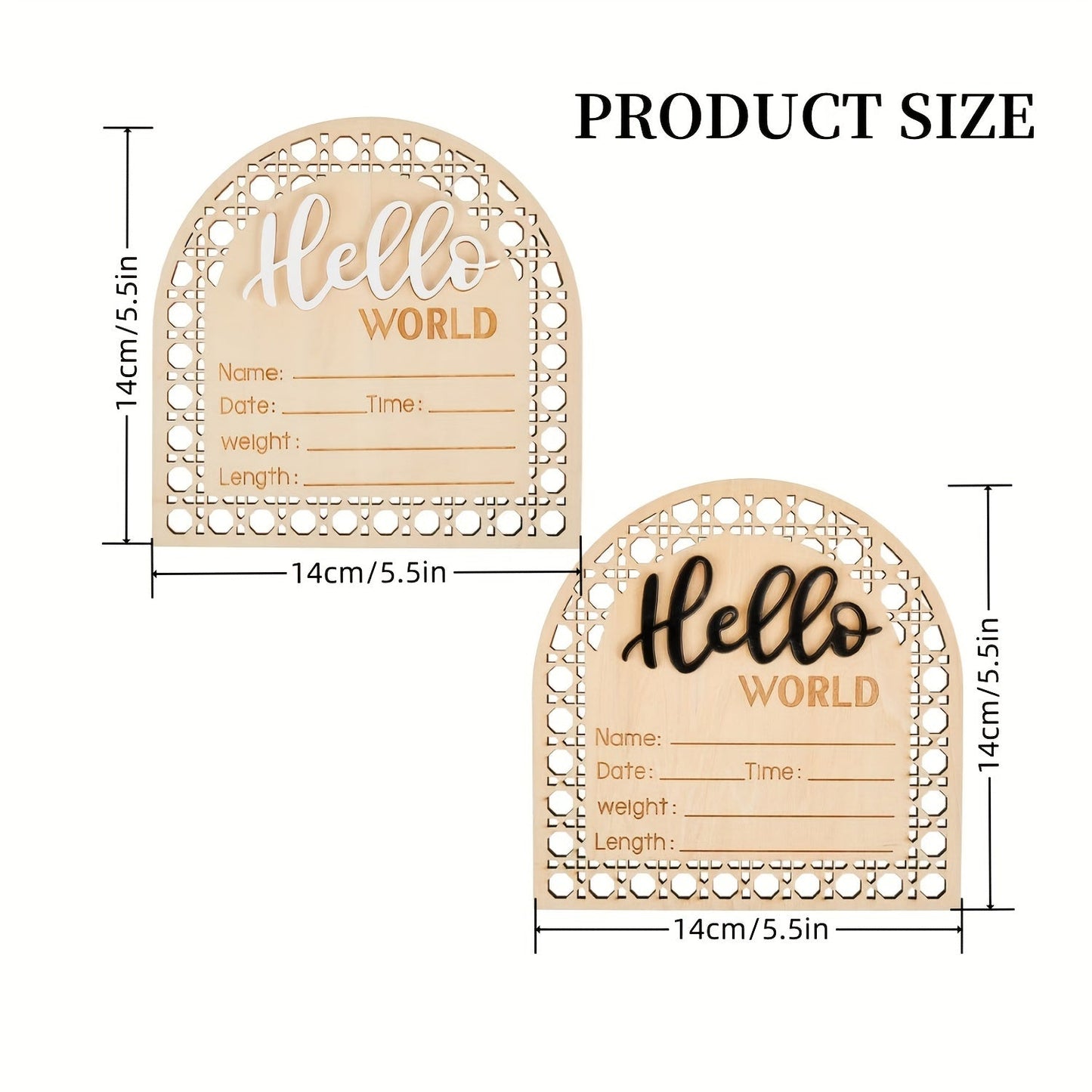 Wooden birth announcement plaque in fan-shaped design, featuring "Hello World" message. Perfect for photo props, this engraved keepsake plaque measures 13.97cm and includes fields for birth details. In a beautiful apricot color, this plaque is suitable