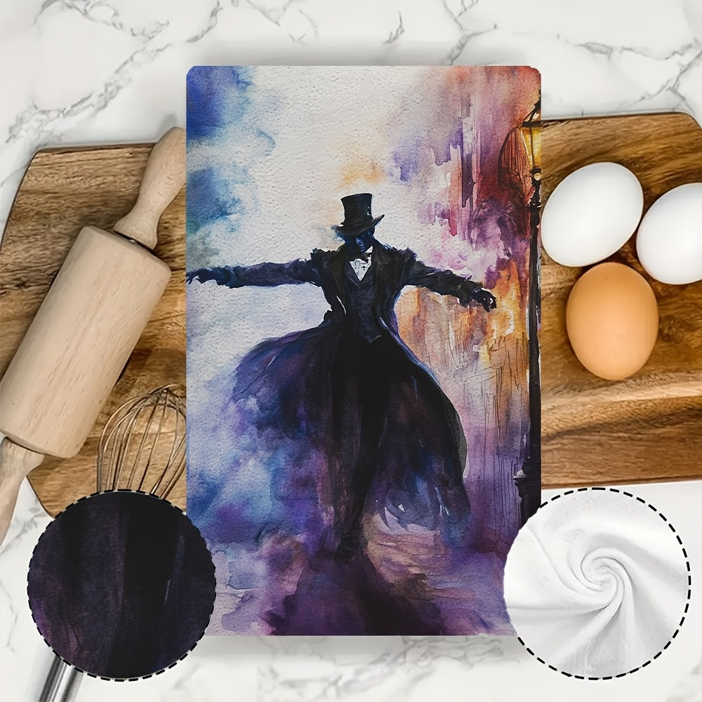 Two pieces of ultra soft kitchen towels with a Phantom of the Opera theme. These highly absorbent and machine washable dish hand towels feature a vibrant musical theatre design. Measuring 40.64x60.96 cm, they are perfect for holiday decor and are great