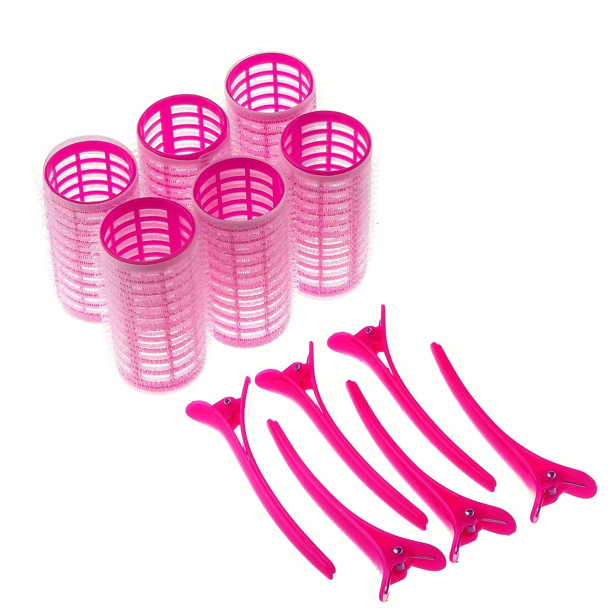 Set of 12 self-grip hair rollers, 6 heatless curlers with clips for women's hair styling.