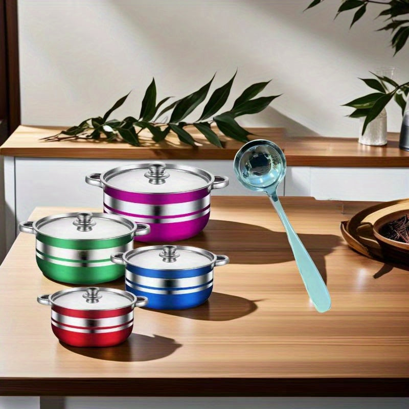 4-piece Set of Colorful Stainless Steel Cookware with Lids, Double-Bottomed Stockpots, and Serving Spoon - Suitable for all Stovetops - Must-Have Kitchen Essentials