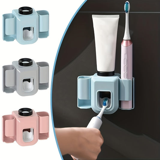 Toothbrush holder with automatic toothpaste dispenser, wall-mounted storage rack for toothbrushes, versatile electric toothbrush holder, punch-free organizer for bathroom essentials.