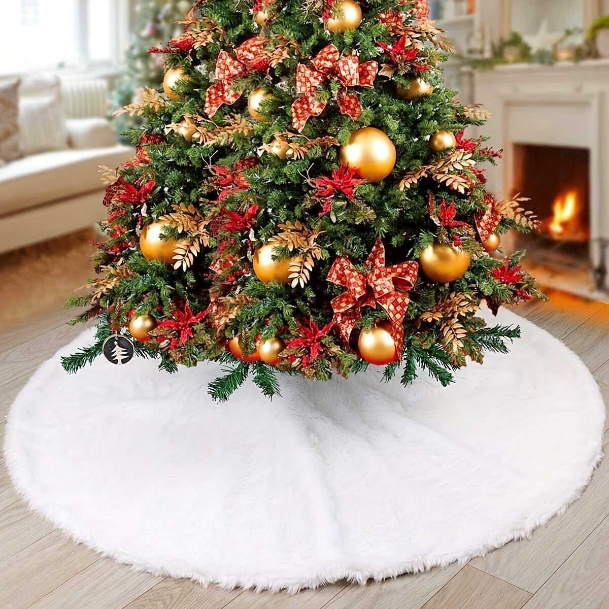 White velvet Christmas tree skirt with golden snowflake embroidery, ideal for Halloween, Christmas, and Valentine's Day. Festive holiday decoration with textured detailing.