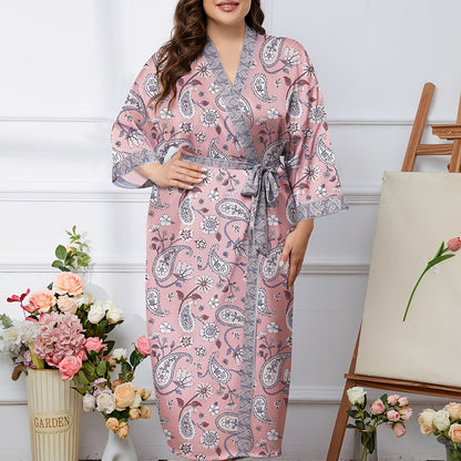 Boho Chic Plus Size Women's Long Robe with Full Print, V-Neck, Tie Waist - Ideal for Spring/Summer/Fall