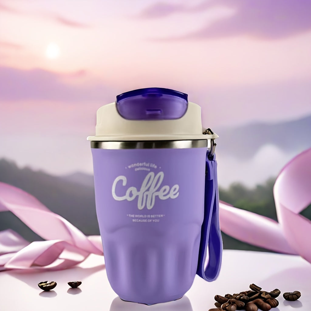 Portable stainless steel coffee mug for outdoor adventures, lightweight, leak-proof, and durable. BPA-free, hand wash only.