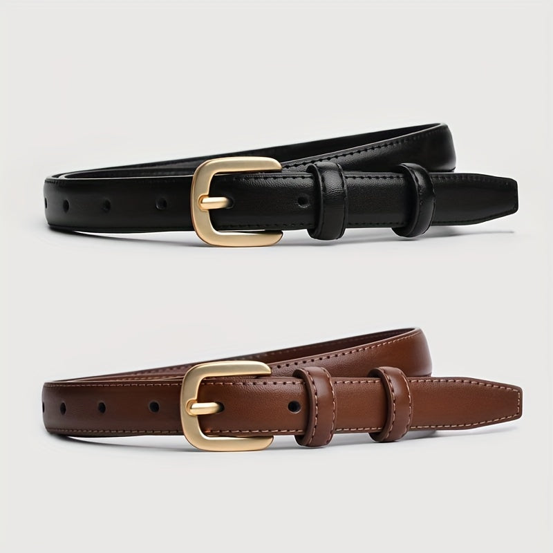 Women's faux leather black belt with pin buckle for jeans, from a luxury brand, chic and stylish waistband for ladies.