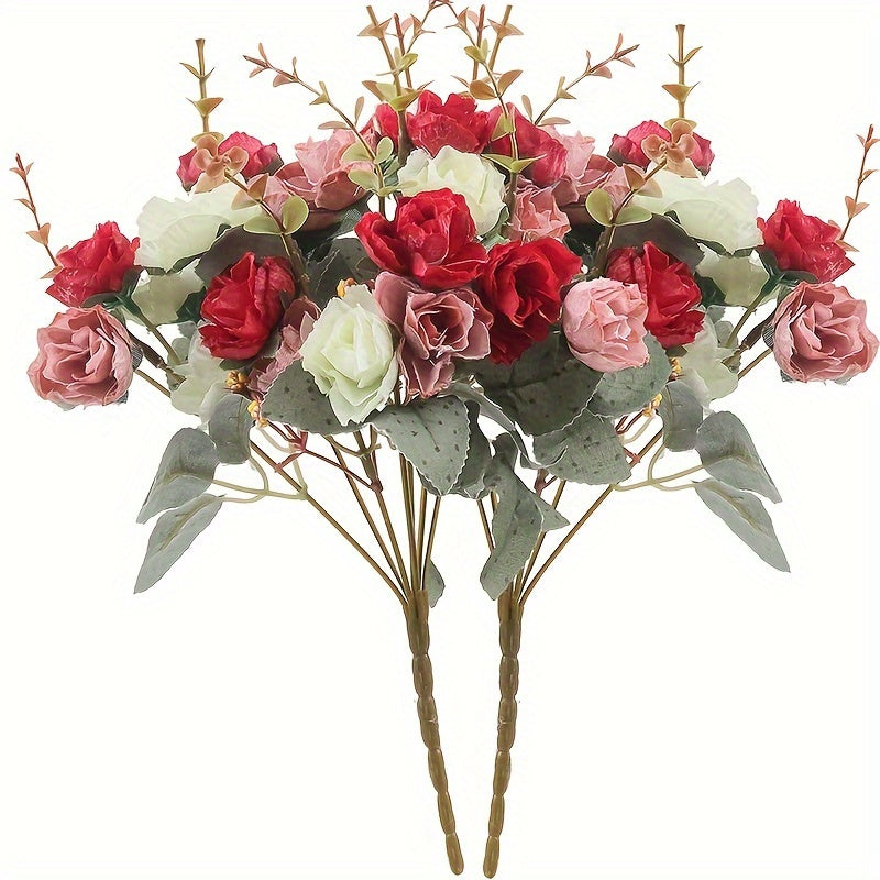 2 bundles of artificial rose flowers with 42 heads, suitable for cemetery decorations, home decor, or wedding bouquets. Perfect for adding a touch of summer faux flower decor.