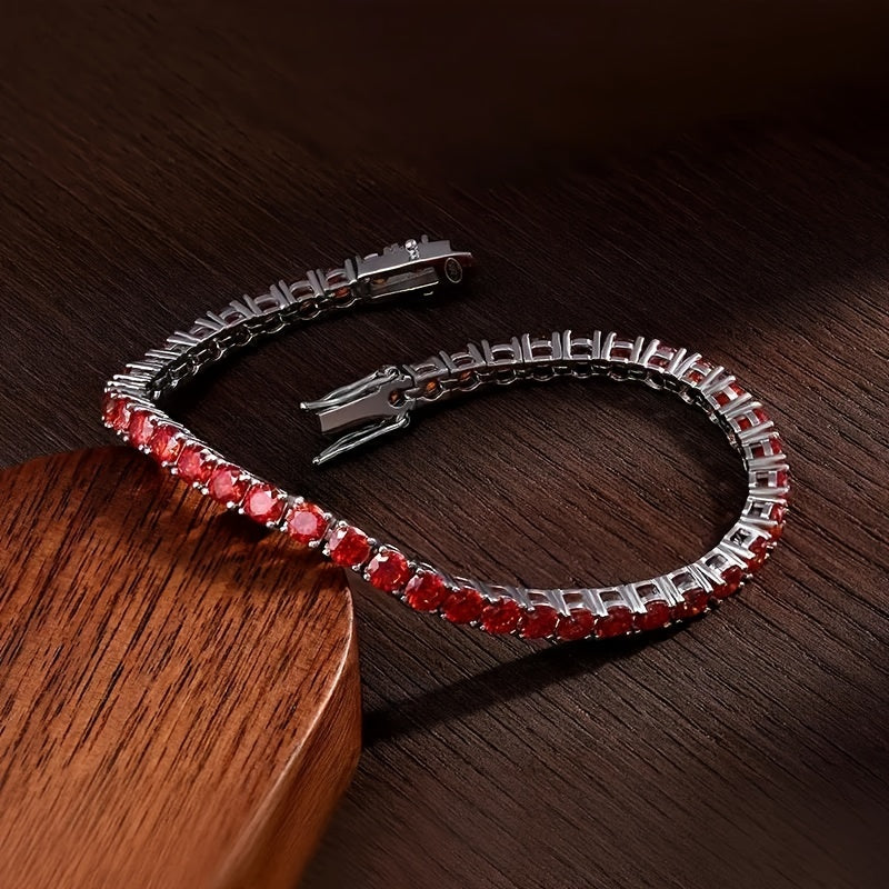 One piece of a luxurious and graceful Red Moissanite Tennis Bracelet, made of unisex 925 Sterling Silver. This fashion accessory is perfect for Valentine's Day, engagement, or wedding gifts.