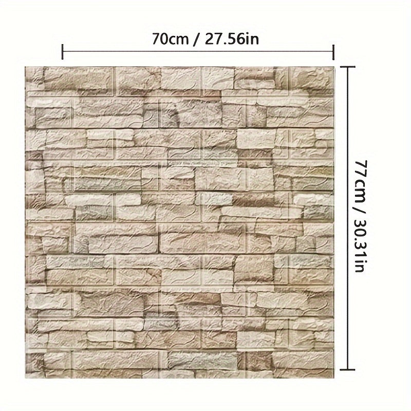 10pcs self-adhesive PVC wallpaper 3D brick wall stickers measuring 70cm X 77cm for DIY home decor in bedroom and bathroom.