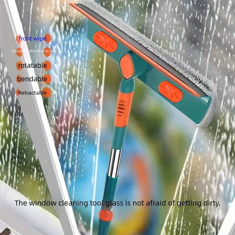 Extendable Handle Multi-Functional Window Cleaner in Green Color, Made of Stainless Steel, ABS, and Fiber Materials. Ideal for Cleaning Glass Tiles and Various Areas in the Home.